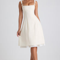 « Candeur » — Robe Midi Bardot Nœud Plissée, Ivoire