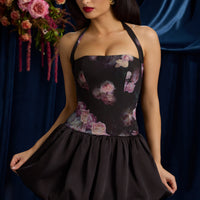 « Fleurette » — Robe Mini Corset Lacée Bullée Fleurie (+ short assorti), Noir Fleuri
