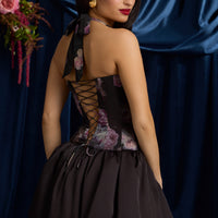 « Fleurette » — Robe Mini Corset Lacée Bullée Fleurie (+ short assorti), Noir Fleuri