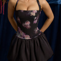 « Fleurette » — Robe Mini Corset Lacée Bullée Fleurie (+ short assorti), Noir Fleuri