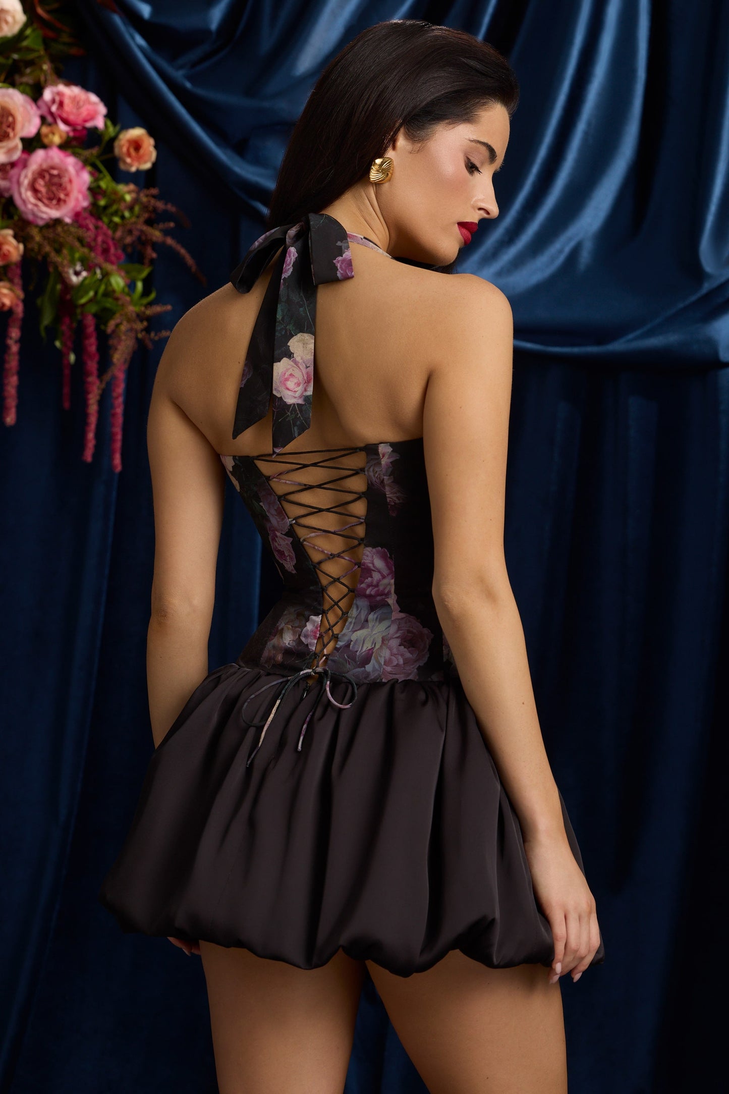 « Fleurette » — Robe Mini Corset Lacée Bullée Fleurie (+ short assorti), Noir Fleuri