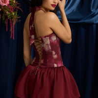 « Fleurette » — Robe Mini Corset Lacée Bullée Fleurie (+ short assorti), Bordeaux Fleuri