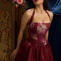 « Fleurette » — Robe Mini Corset Lacée Bullée Fleurie (+ short assorti), Bordeaux Fleuri