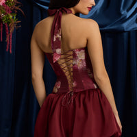 « Fleurette » — Robe Mini Corset Lacée Bullée Fleurie (+ short assorti), Bordeaux Fleuri