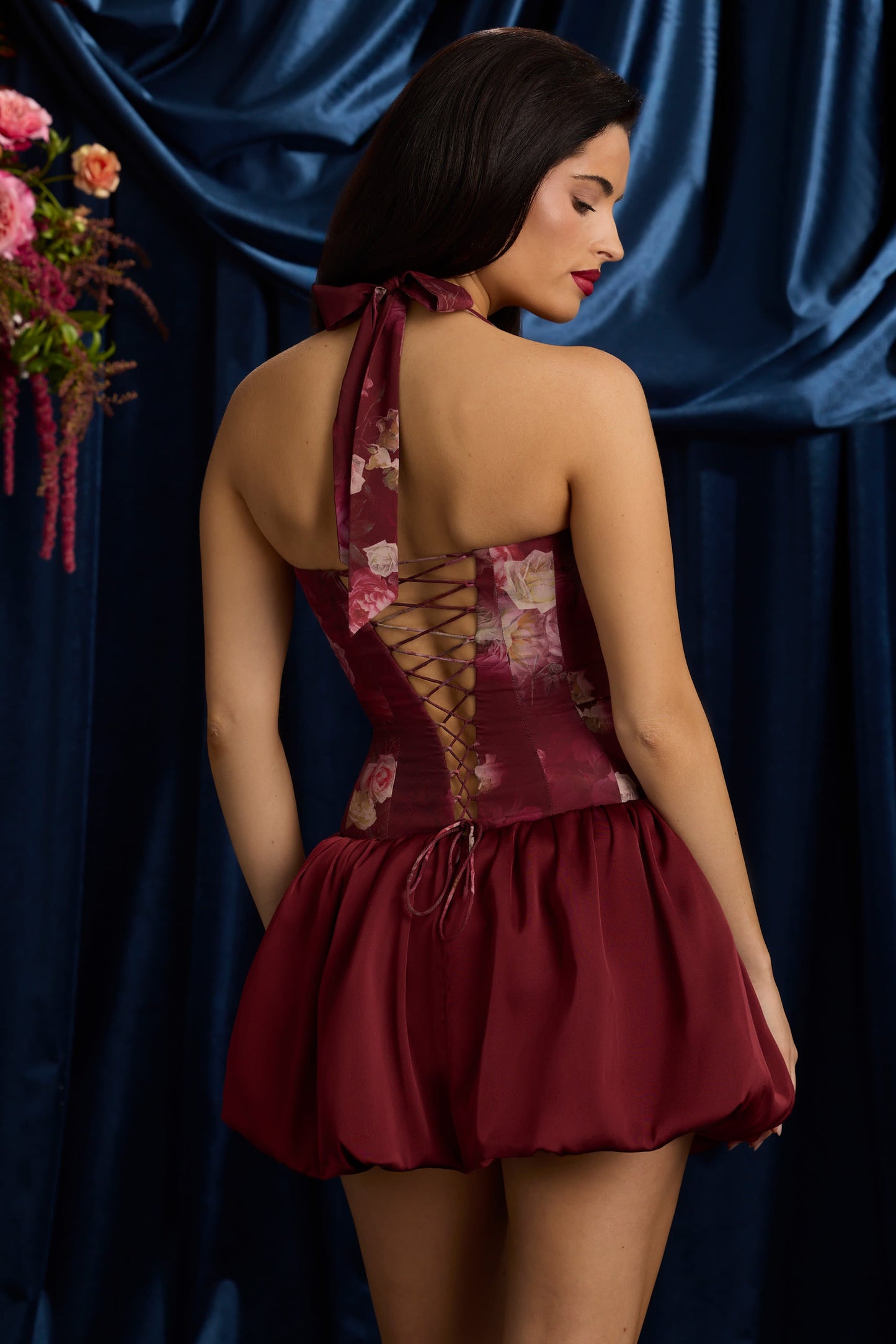 « Fleurette » — Robe Mini Corset Lacée Bullée Fleurie (+ short assorti), Bordeaux Fleuri