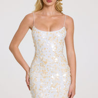 « Nacre » — Robe Mini Pailletée Col Rond, Nacré