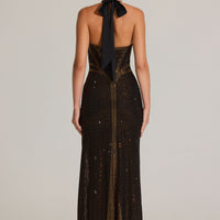 « Aurore Bronzée » — Robe Longue Dos-Nu Ornée, Bronze