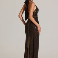 « Aurore Bronzée » — Robe Longue Dos-Nu Ornée, Bronze