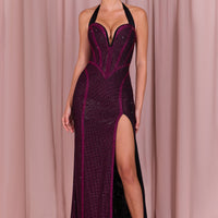 « Aurore Bronzée » — Robe Longue Dos-Nu Ornée, Rose Fuchsia