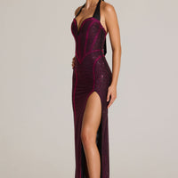 « Aurore Bronzée » — Robe Longue Dos-Nu Ornée, Rose Fuchsia