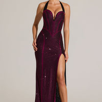 « Aurore Bronzée » — Robe Longue Dos-Nu Ornée, Rose Fuchsia