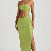 « Jade » — Robe Longue Bandeau Échancrée Ornée, Vert Poire