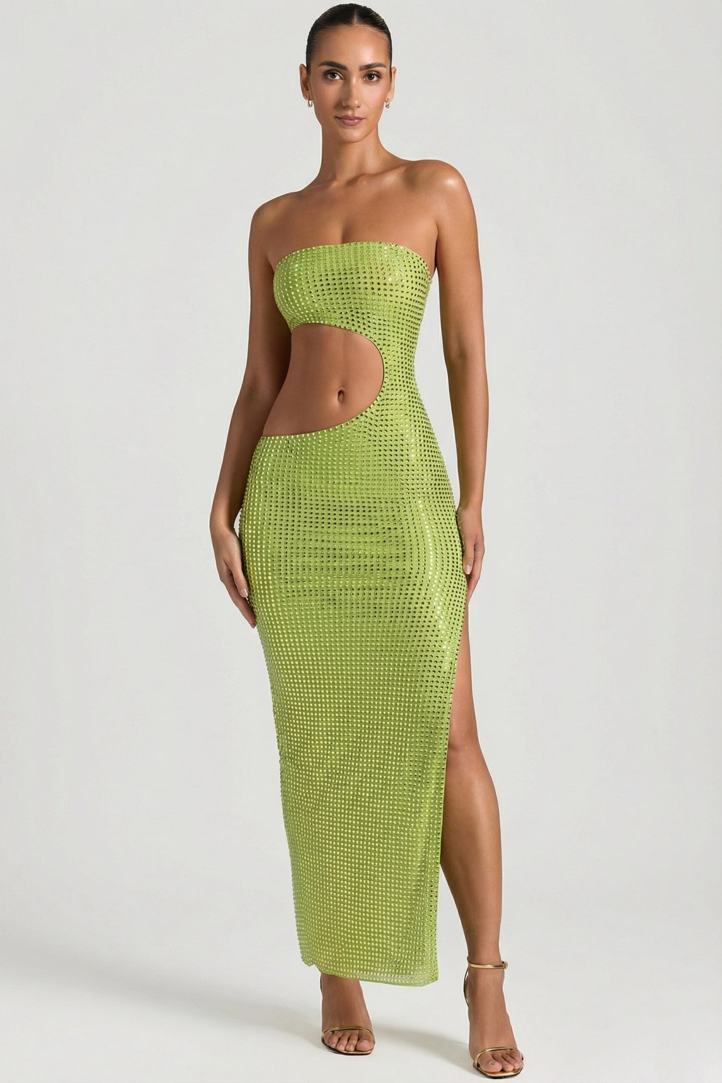 « Jade » — Robe Longue Bandeau Échancrée Ornée, Vert Poire