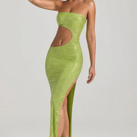 « Jade » — Robe Longue Bandeau Échancrée Ornée, Vert Poire