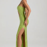 « Jade » — Robe Longue Bandeau Échancrée Ornée, Vert Poire