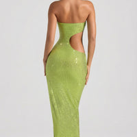 « Jade » — Robe Longue Bandeau Échancrée Ornée, Vert Poire