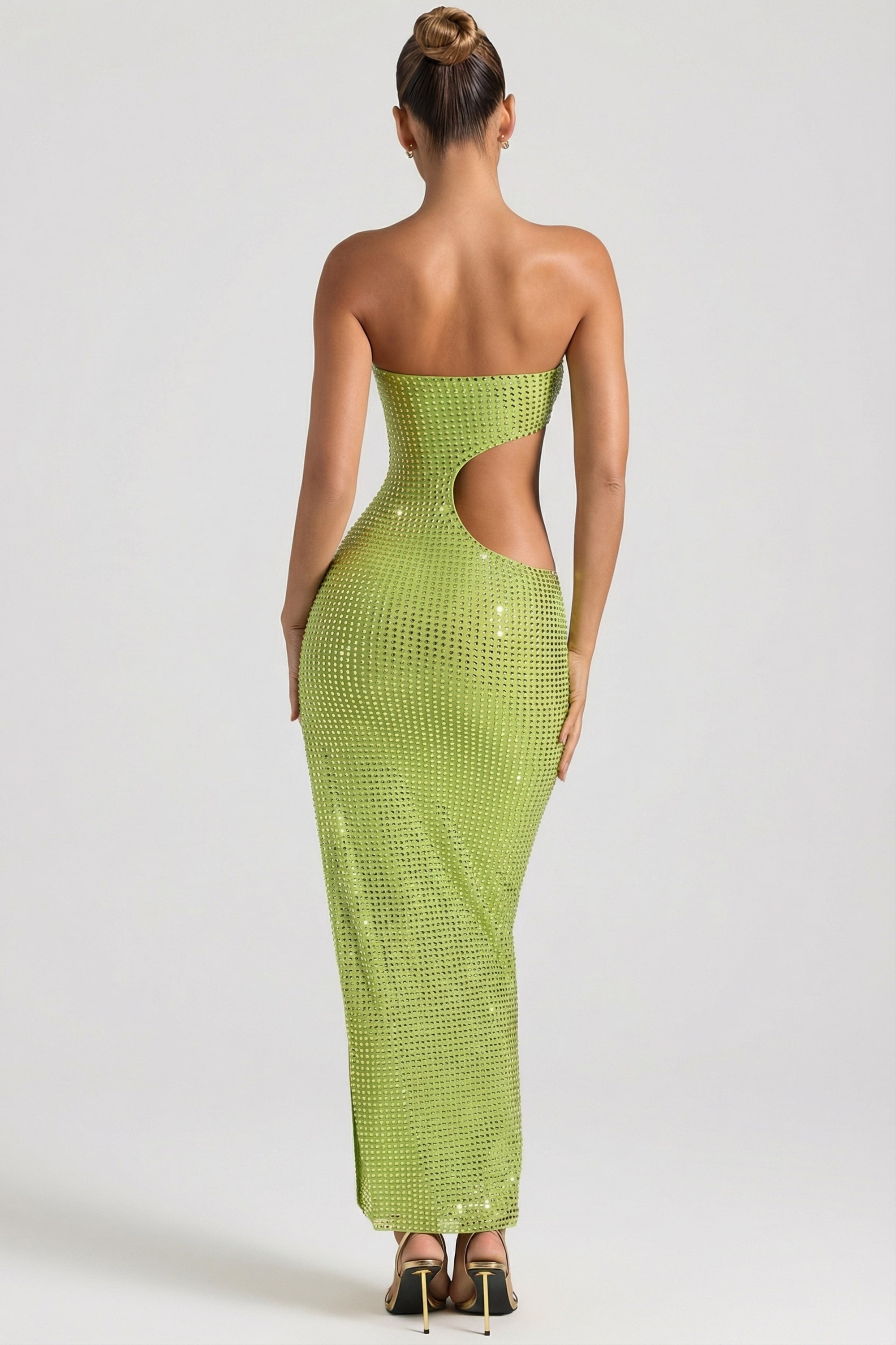 « Jade » — Robe Longue Bandeau Échancrée Ornée, Vert Poire