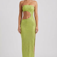 « Jade » — Robe Longue Bandeau Échancrée Ornée, Vert Poire
