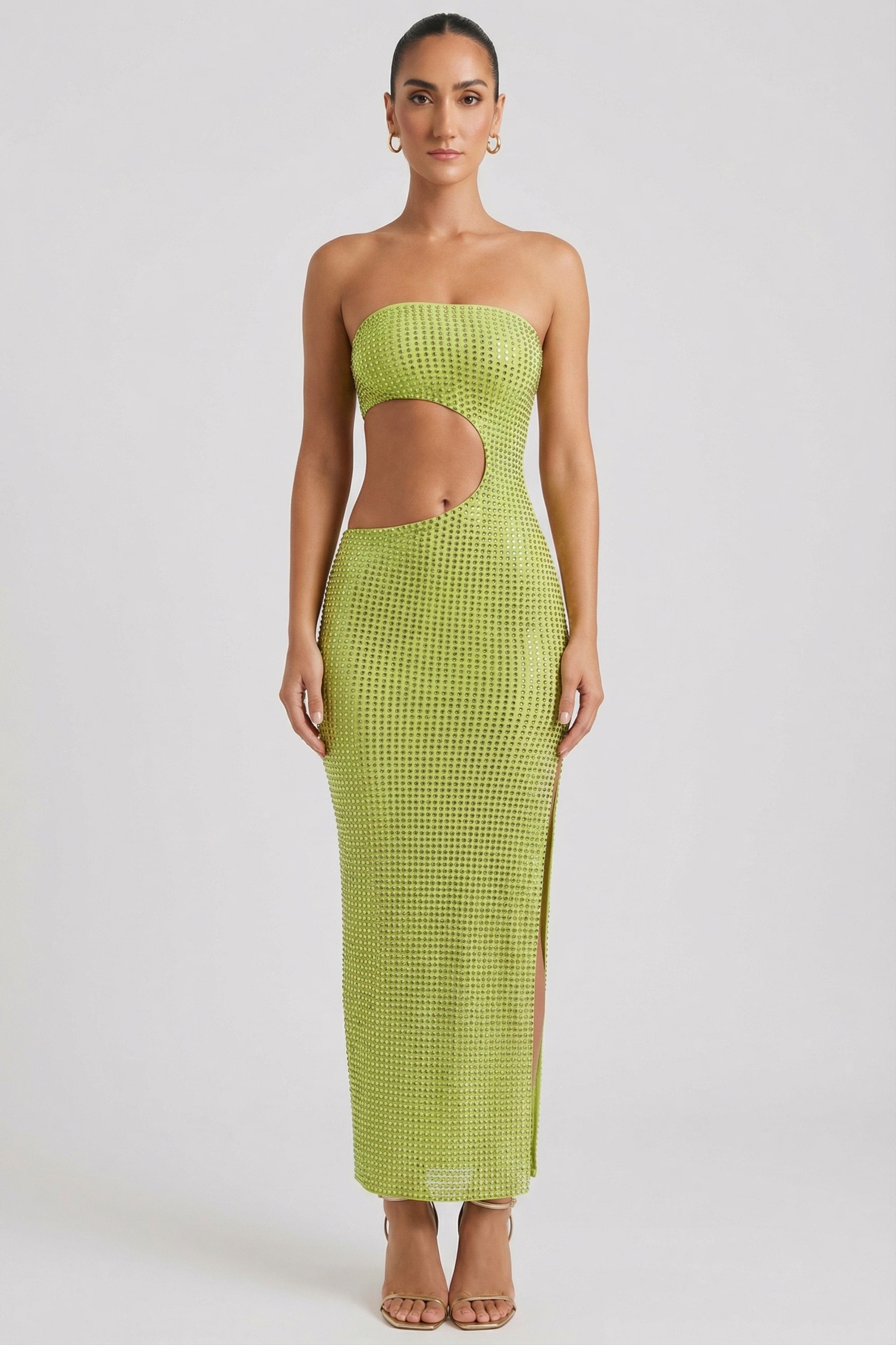 « Jade » — Robe Longue Bandeau Échancrée Ornée, Vert Poire