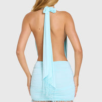 Robe courte turquoise frangée dos nu