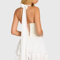 « Aurore » — Robe Mini Corset Brodée, Nacré