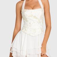 « Aurore » — Robe Mini Corset Brodée, Nacré