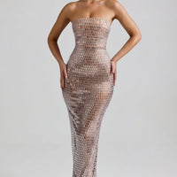 « Amaya » — Robe Longue Bandeau Ornée, Amande