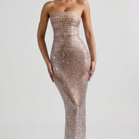 « Amaya » — Robe Longue Bandeau Ornée, Amande