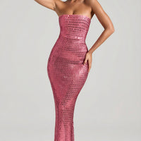 « Amaya » — Robe Longue Bandeau Ornée, Rose Pastèque