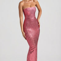 « Amaya » — Robe Longue Bandeau Ornée, Rose Pastèque