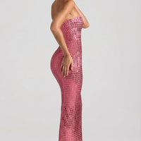 « Amaya » — Robe Longue Bandeau Ornée, Rose Pastèque