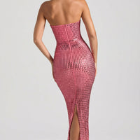 « Amaya » — Robe Longue Bandeau Ornée, Rose Pastèque