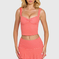« Tendresse » — Haut Bustier Ruché, Rouge Vichy — jiblia.store