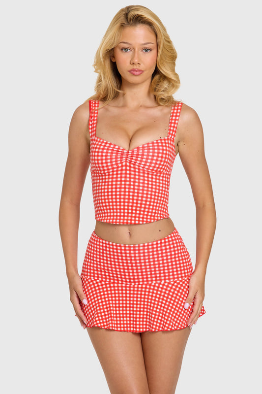 « Tendresse » — Haut Bustier Ruché, Rouge Vichy — jiblia.store