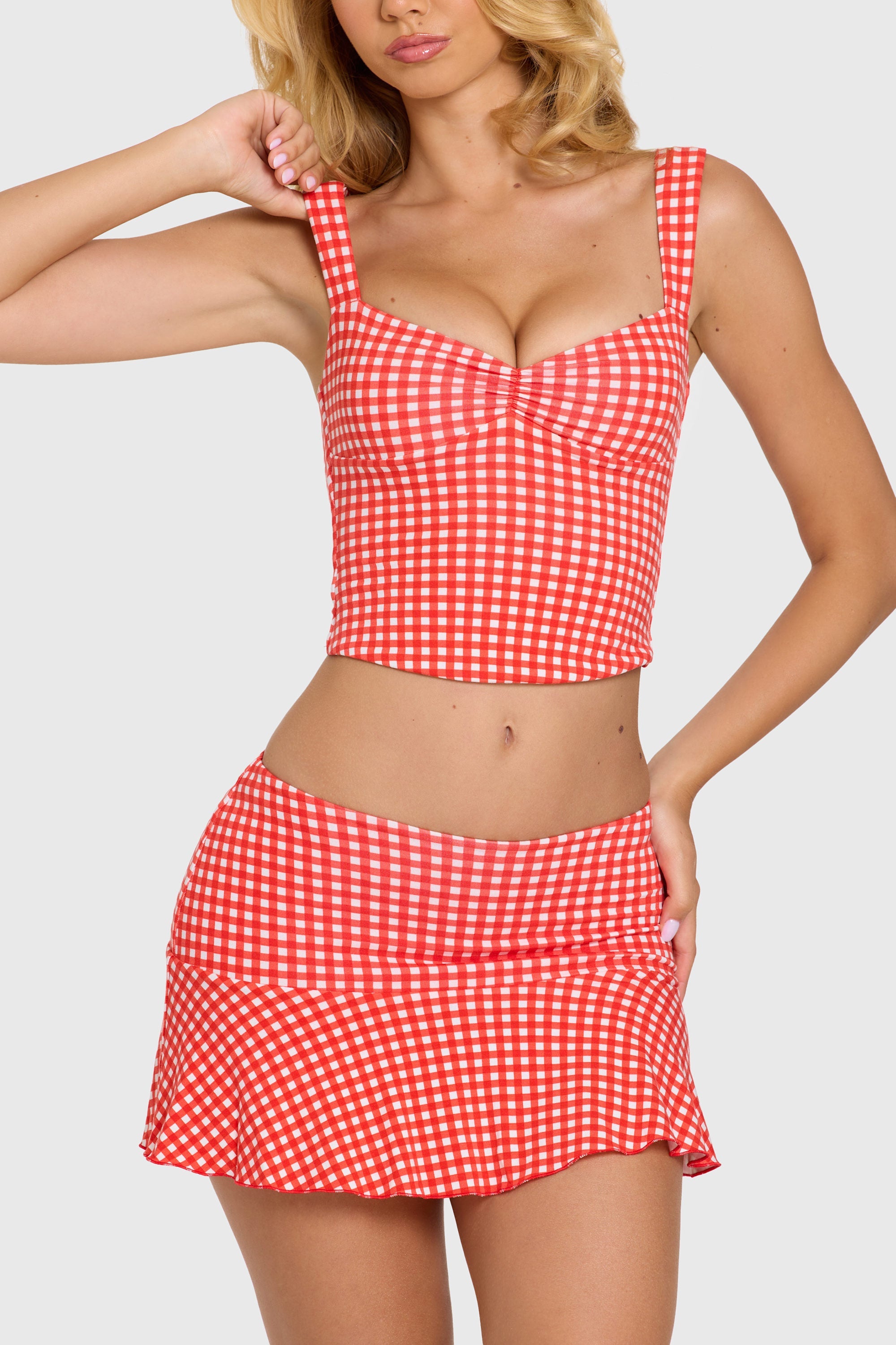 « Tendresse » — Haut Bustier Ruché, Rouge Vichy — jiblia.store