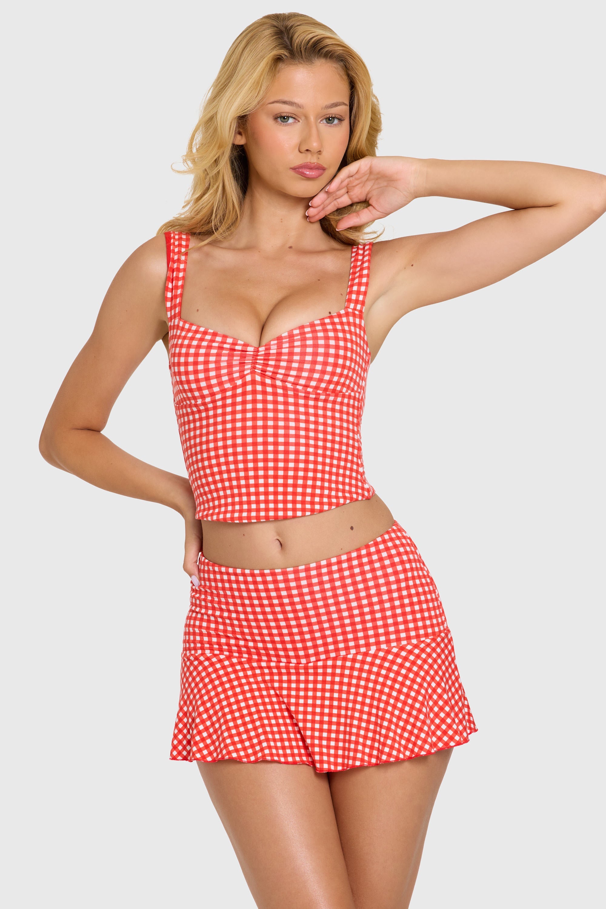 « Tendresse » — Haut Bustier Ruché, Rouge Vichy — jiblia.store