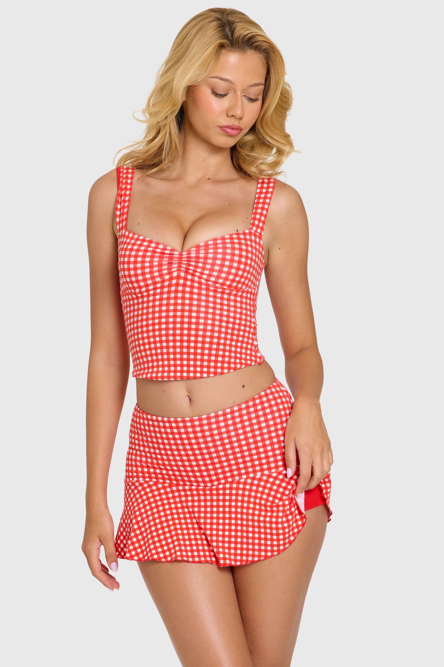 « Tendresse » — Haut Bustier Ruché, Rouge Vichy — jiblia.store