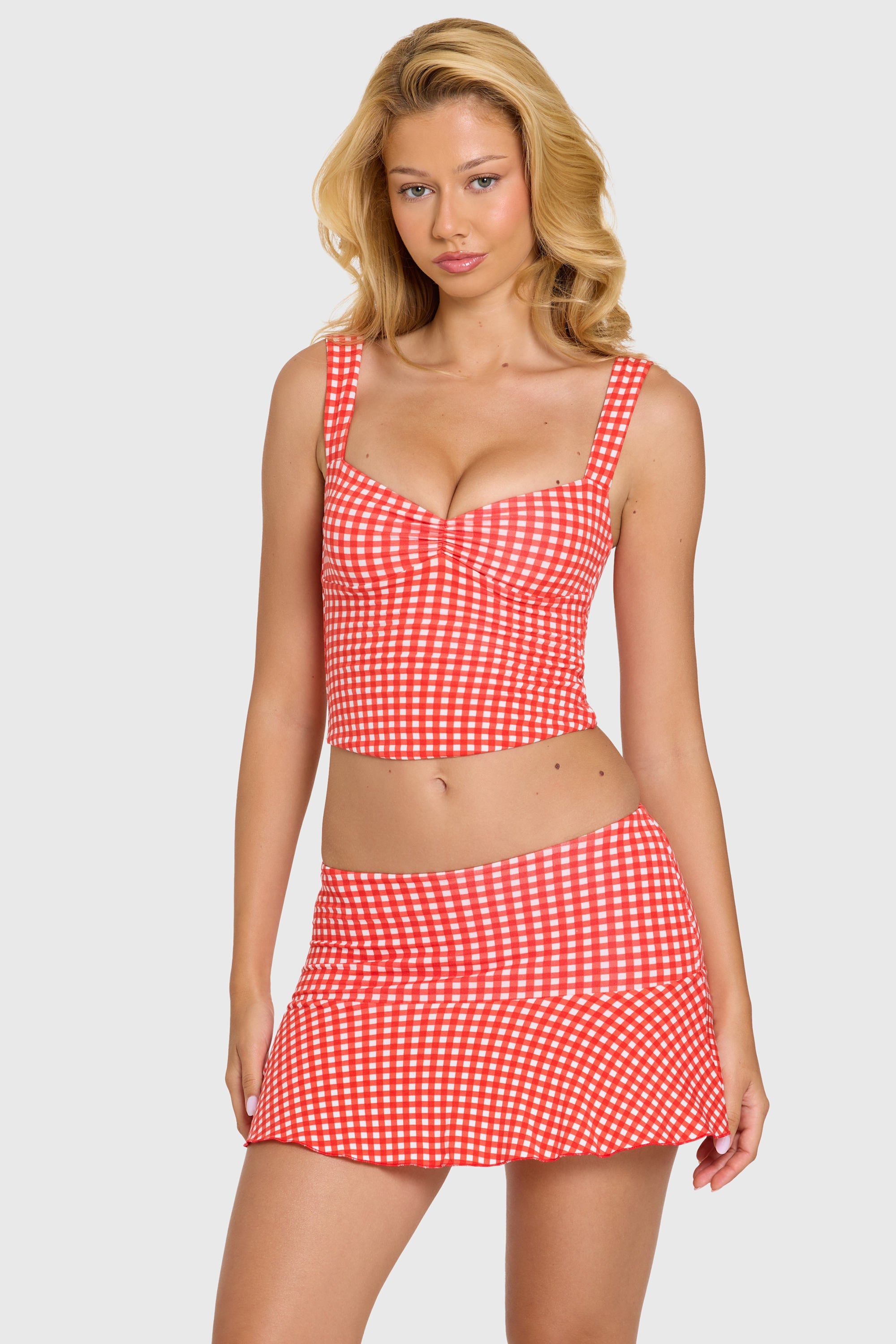 « Tendresse » — Haut Bustier Ruché, Rouge Vichy — jiblia.store