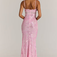 « Dentelle Rosée » — Robe Longue Bordée de Dentelle, Rose Poudré