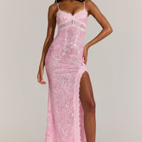 « Dentelle Rosée » — Robe Longue Bordée de Dentelle, Rose Poudré