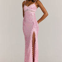 « Dentelle Rosée » — Robe Longue Bordée de Dentelle, Rose Poudré