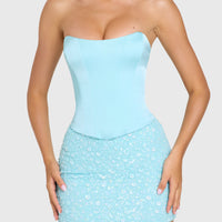 Robe courte turquoise bustier pailleté