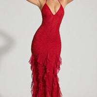 « Anley » — Robe Longue Dos Nu Ornée à Volants, Rouge