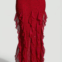 « Anley » — Robe Longue Dos Nu Ornée à Volants, Rouge