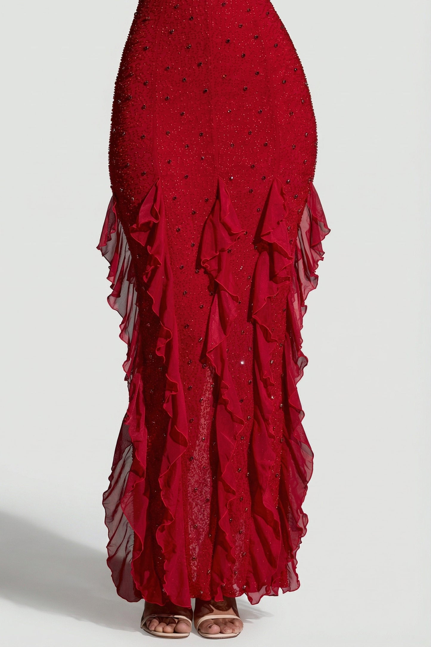 « Anley » — Robe Longue Dos Nu Ornée à Volants, Rouge