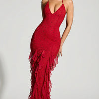 « Anley » — Robe Longue Dos Nu Ornée à Volants, Rouge