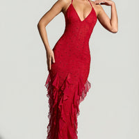 « Anley » — Robe Longue Dos Nu Ornée à Volants, Rouge