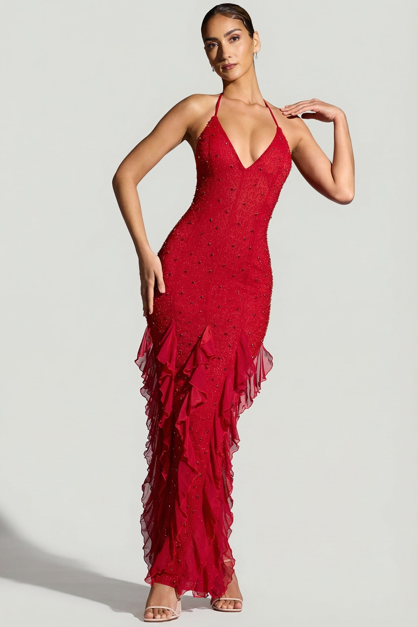 « Anley » — Robe Longue Dos Nu Ornée à Volants, Rouge