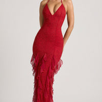 « Anley » — Robe Longue Dos Nu Ornée à Volants, Rouge