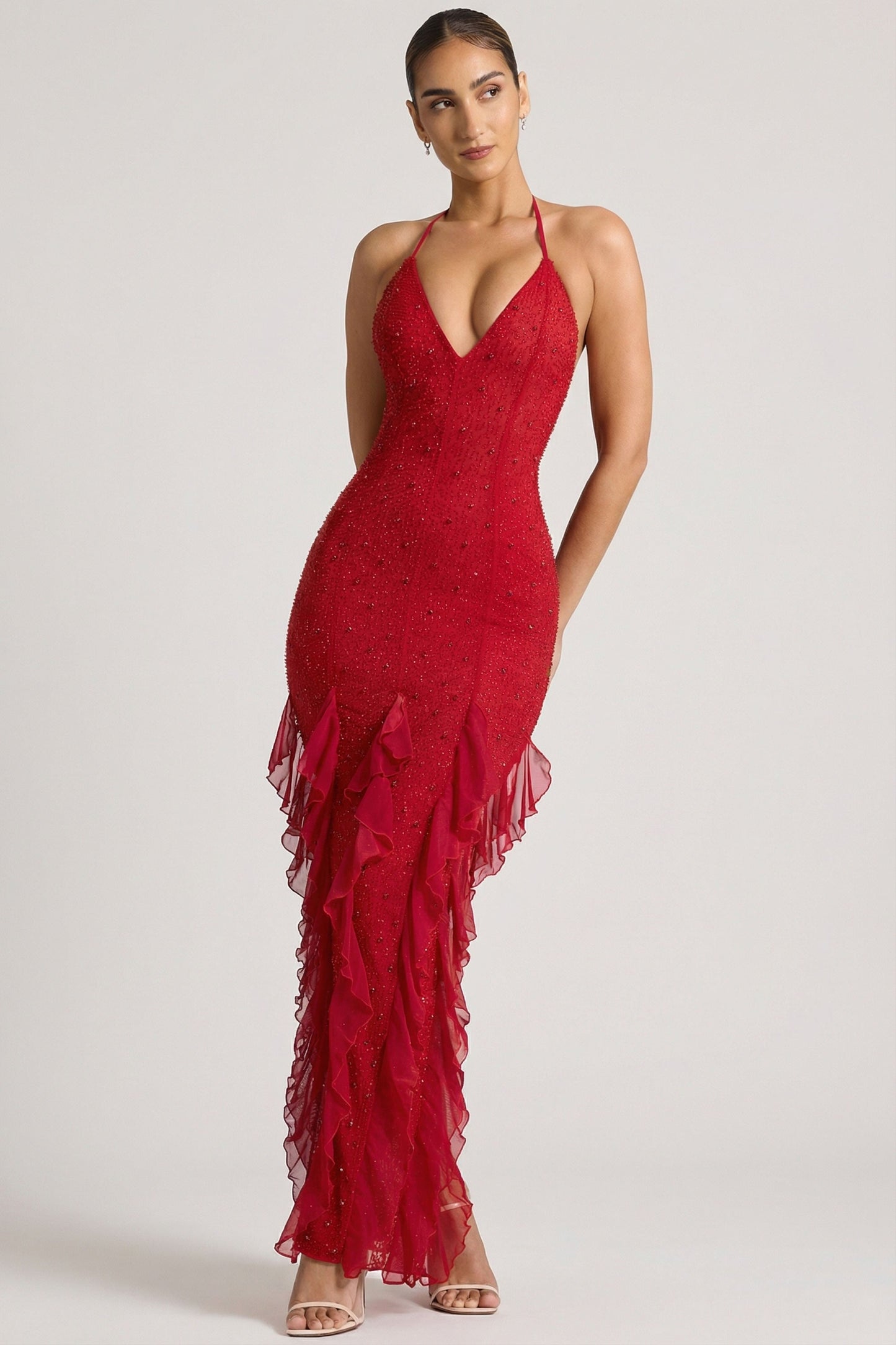« Anley » — Robe Longue Dos Nu Ornée à Volants, Rouge